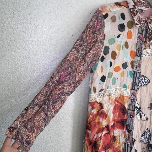 John Mark Tunic Top Womens Medium Boho Patchwork Butterfly Floral Long Shirt M - Picture 7 of 12